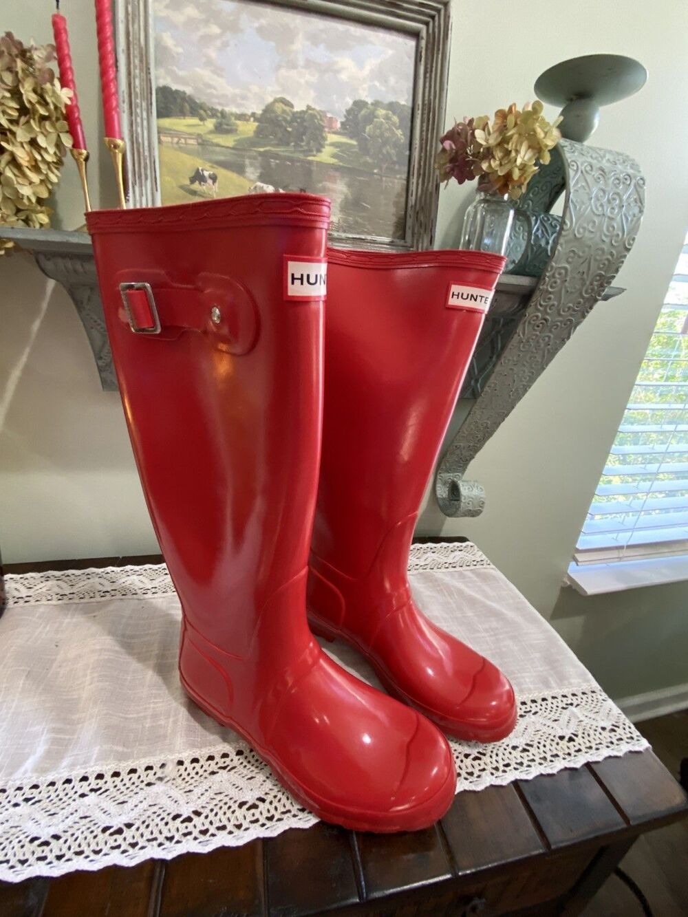 Hunter Boots Unisex Original Tall Gloss Rain Boots Military Red Size 7F/6M